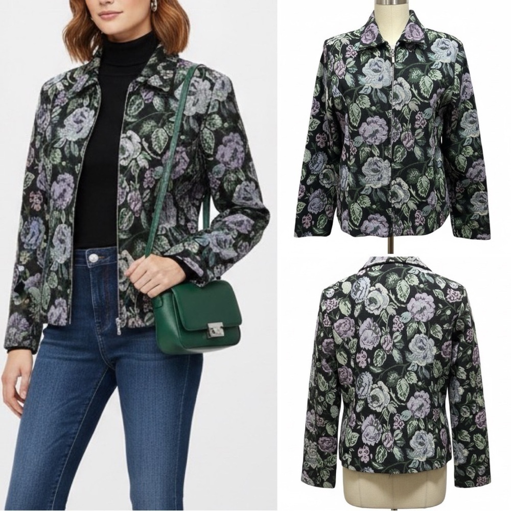 155 Dressbarn |NWOT USA Vintage Floral Green Tapestry Zip-Up Women's Jacket (S)